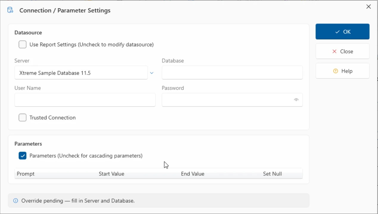 ViewerFX Connection and Parameter Settings dialog with data source fields and a parameter grid