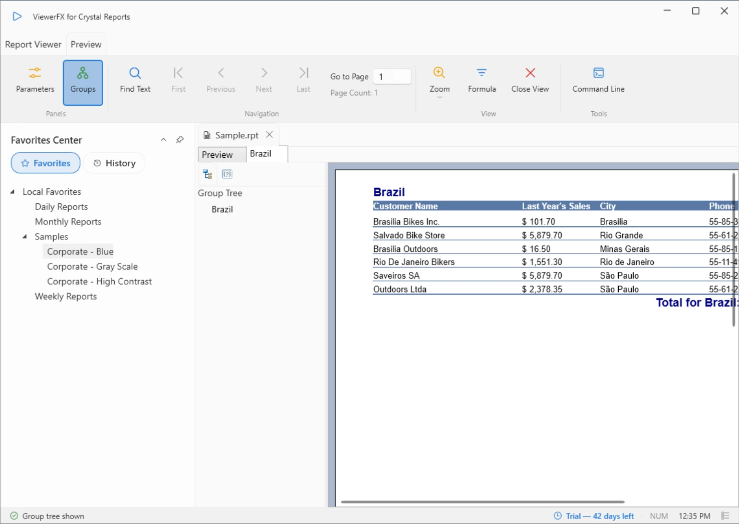 ViewerFX showing a drilled-down Brazil group in its own tab with the Group Tree panel and a sample customer table