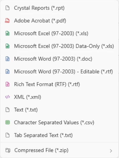 ViewerFX export format menu listing Crystal Reports, PDF, Excel, Word, RTF, XML, text, and CSV formats plus ZIP packaging