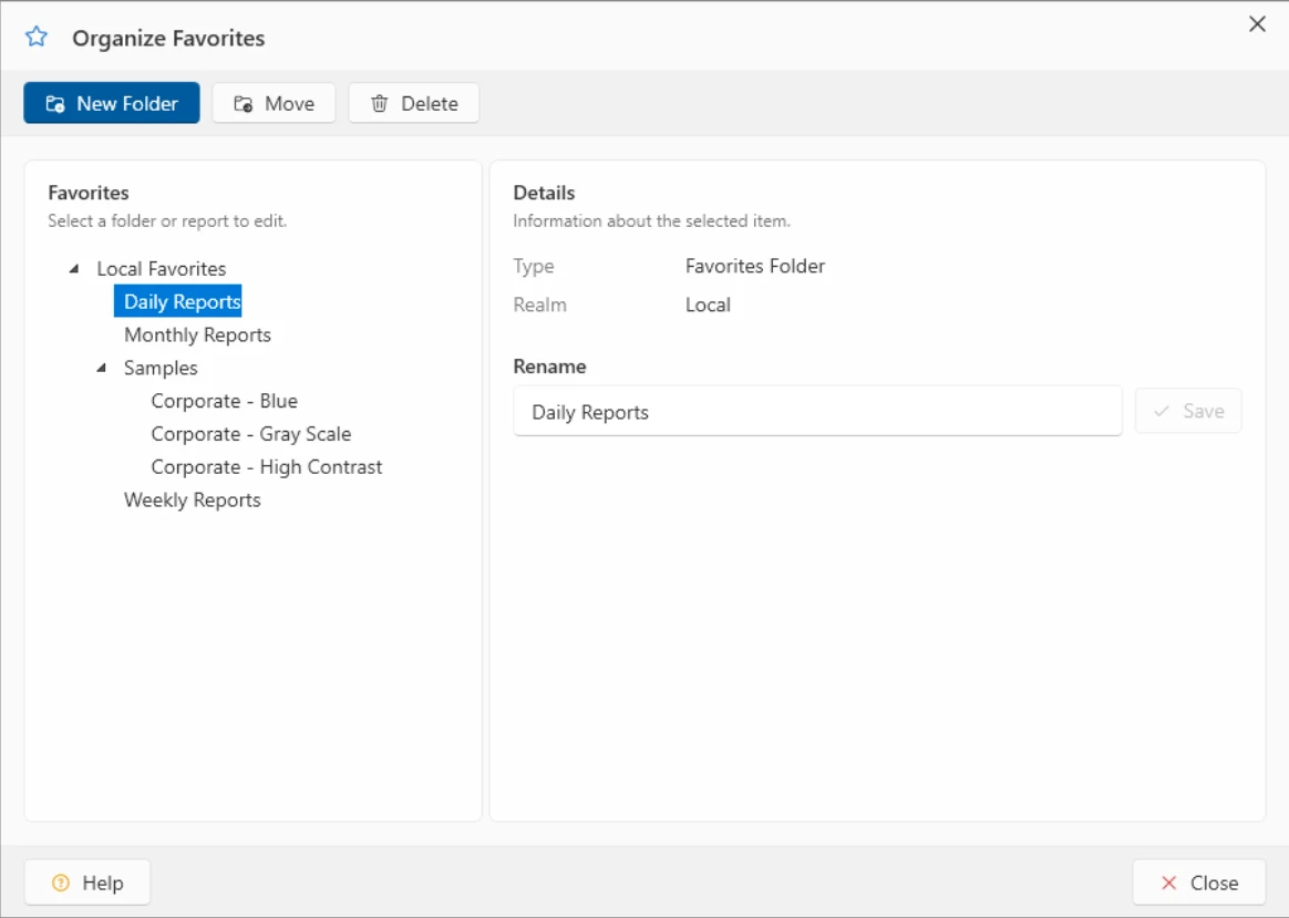 ViewerFX Organize Favorites dialog with a folder tree of sample reports and rename controls