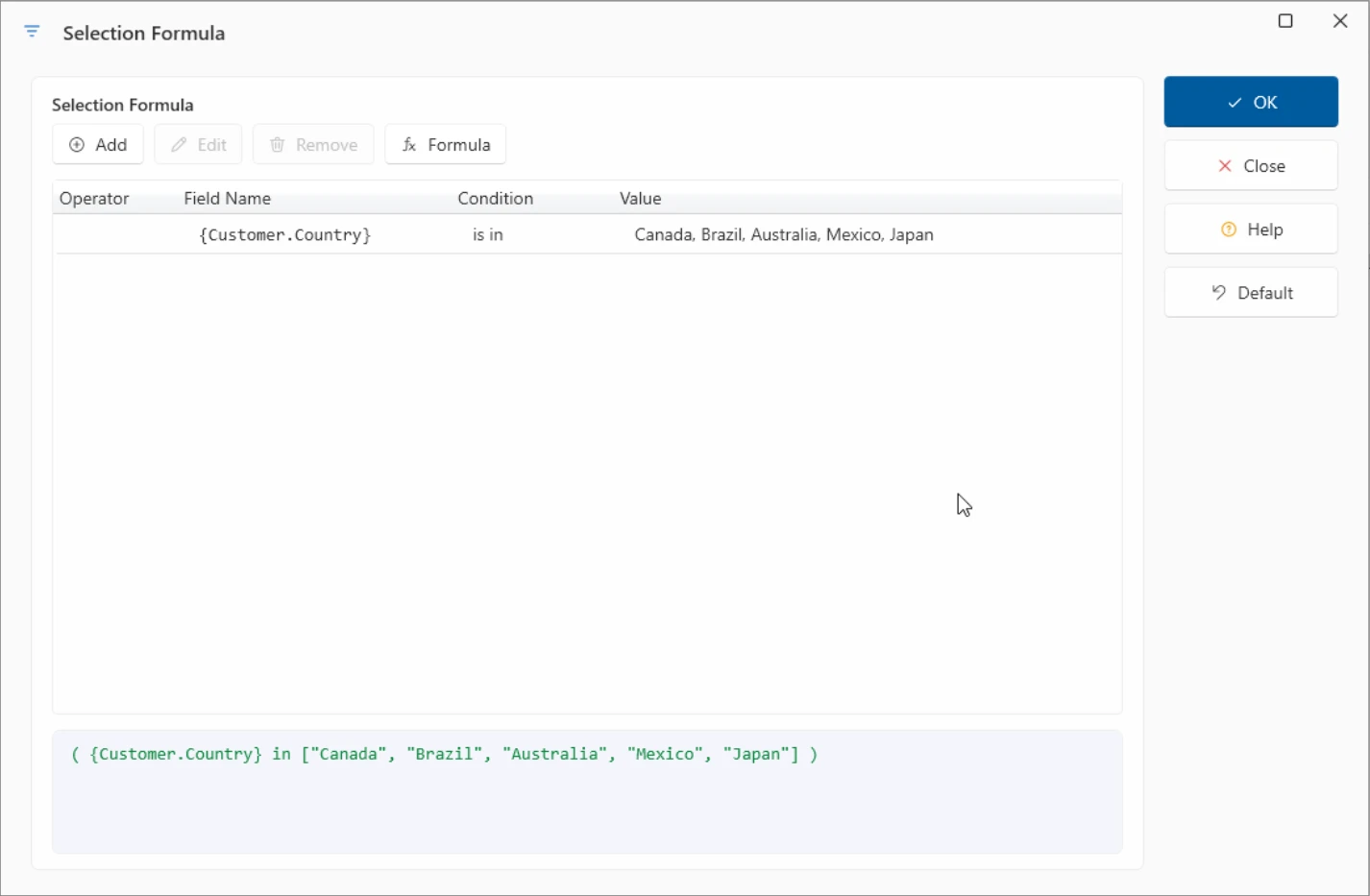 ViewerFX Selection Formula dialog showing a customer country filter and the resulting formula text