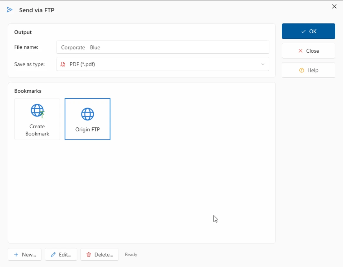 ViewerFX Send via FTP dialog with a file name, PDF format selection, and saved FTP bookmarks