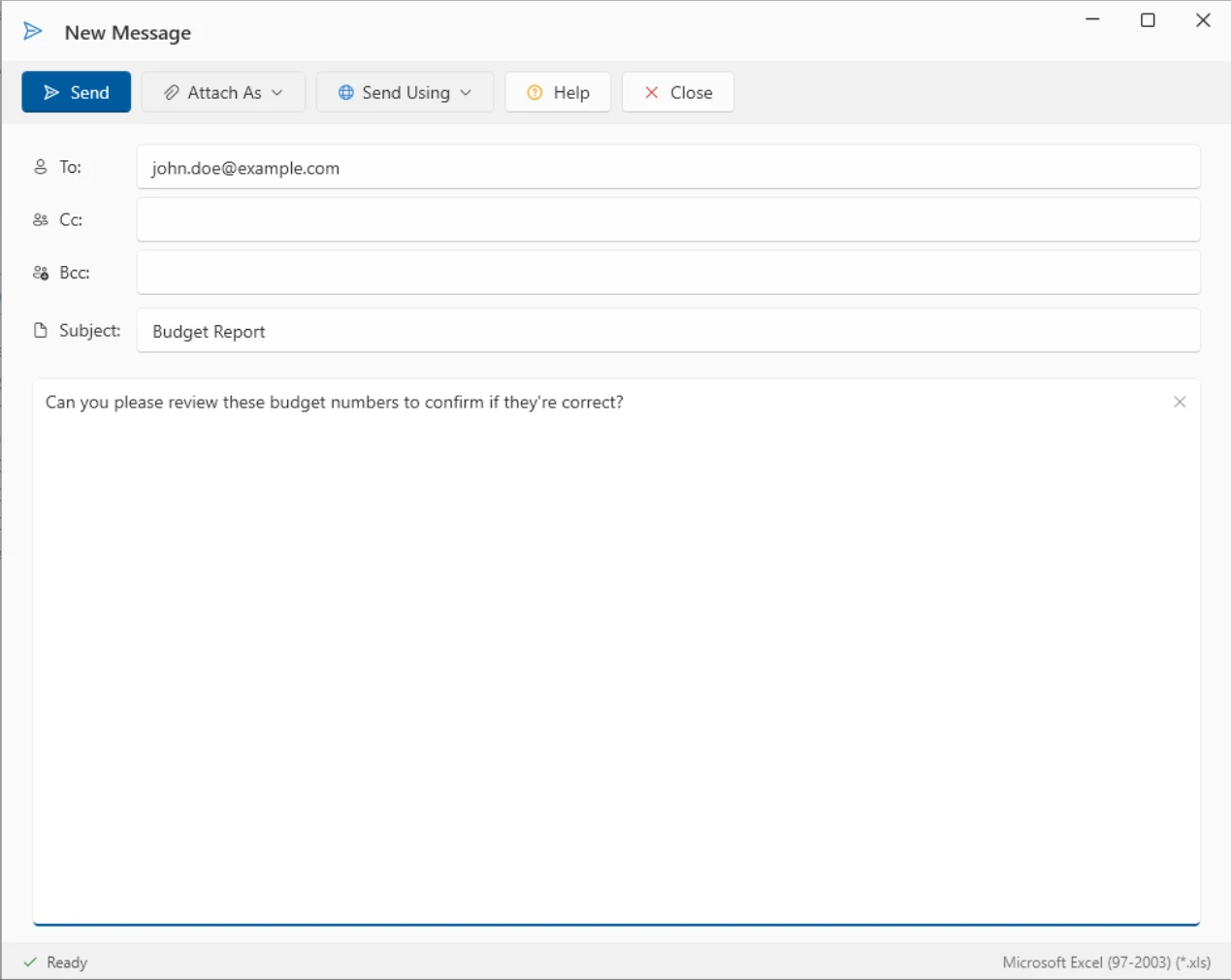 ViewerFX Send Email dialog addressed with To, Cc, Bcc, and subject fields and a sample report attached as Excel