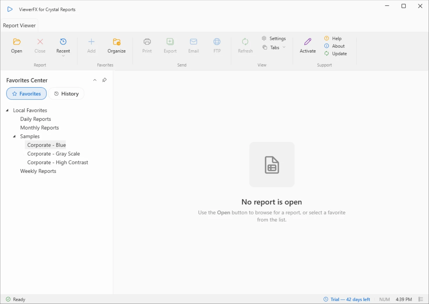 ViewerFX for Crystal Reports main window with the ribbon and Favorites Center sidebar, ready to open a report